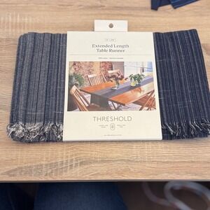 Threshold Extended Length Table Runner Blue Stripe Fringe 14" x 108" Cotton